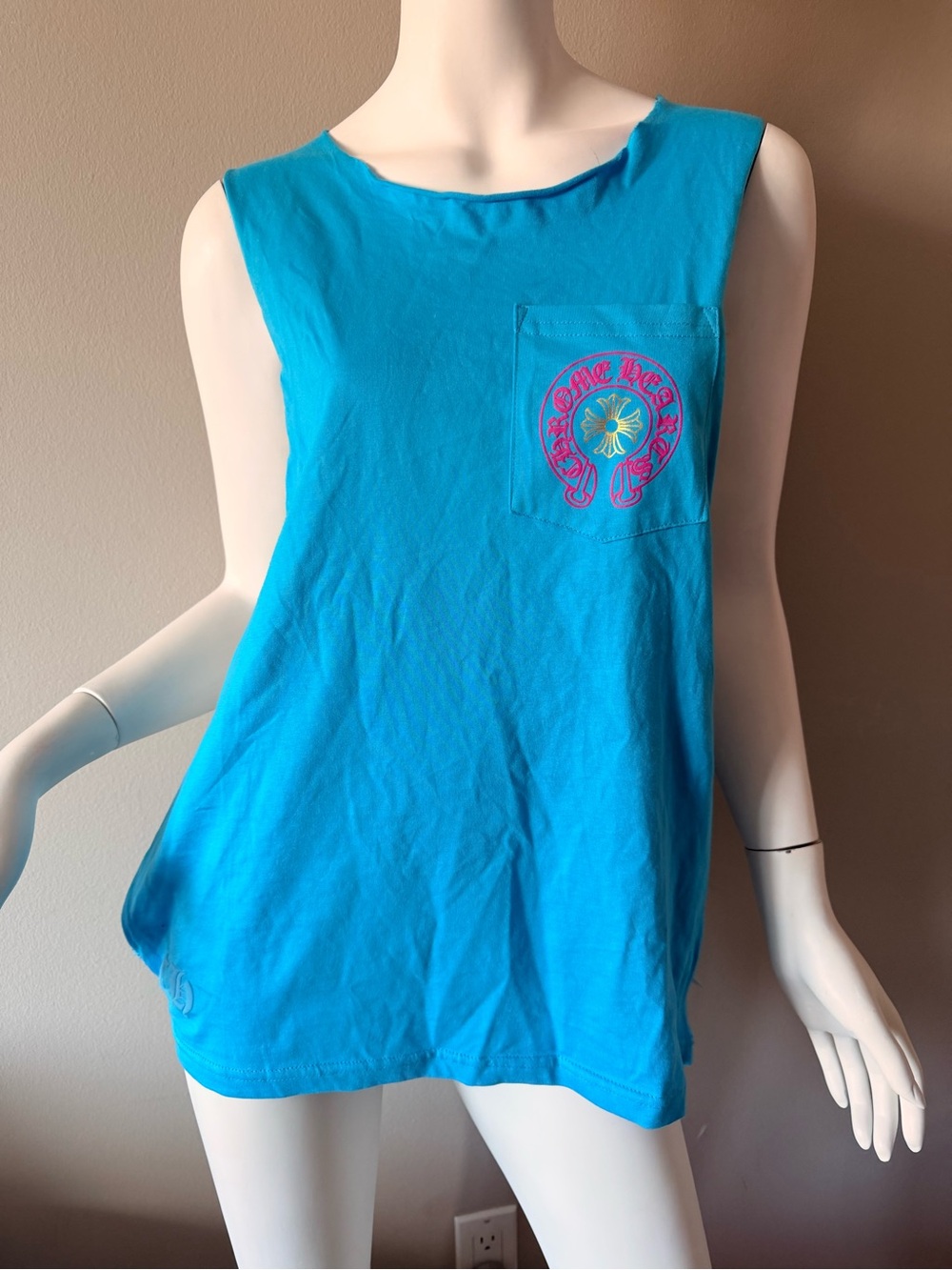 CHROME HEARTS MIAMI Sleeveless Bright Turquoise Top w/ chest pocket 100% Cotton